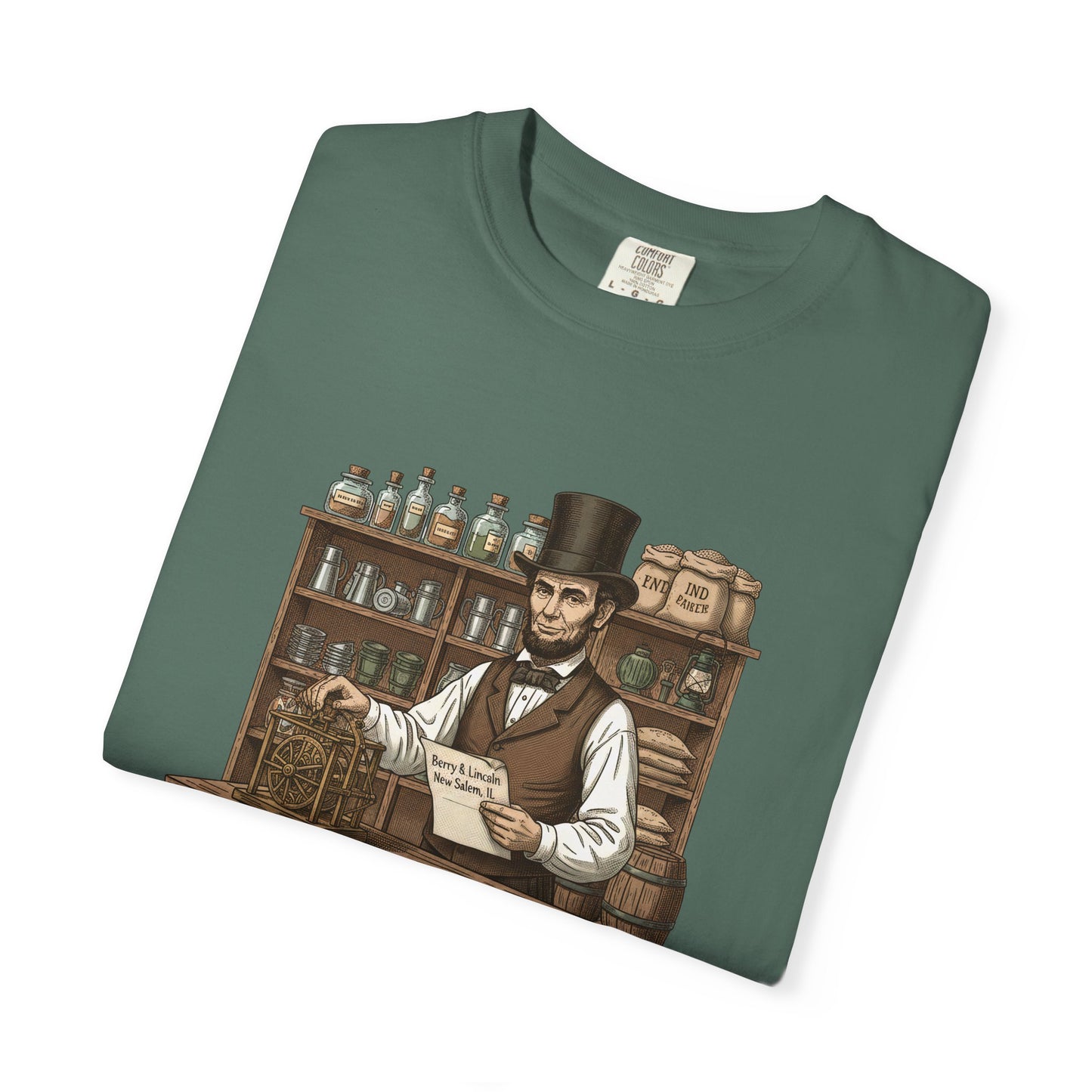 T-Shirt — Vintage General Store Owner Abe Lincoln Illustration (Berry & Lincoln, New Salem)