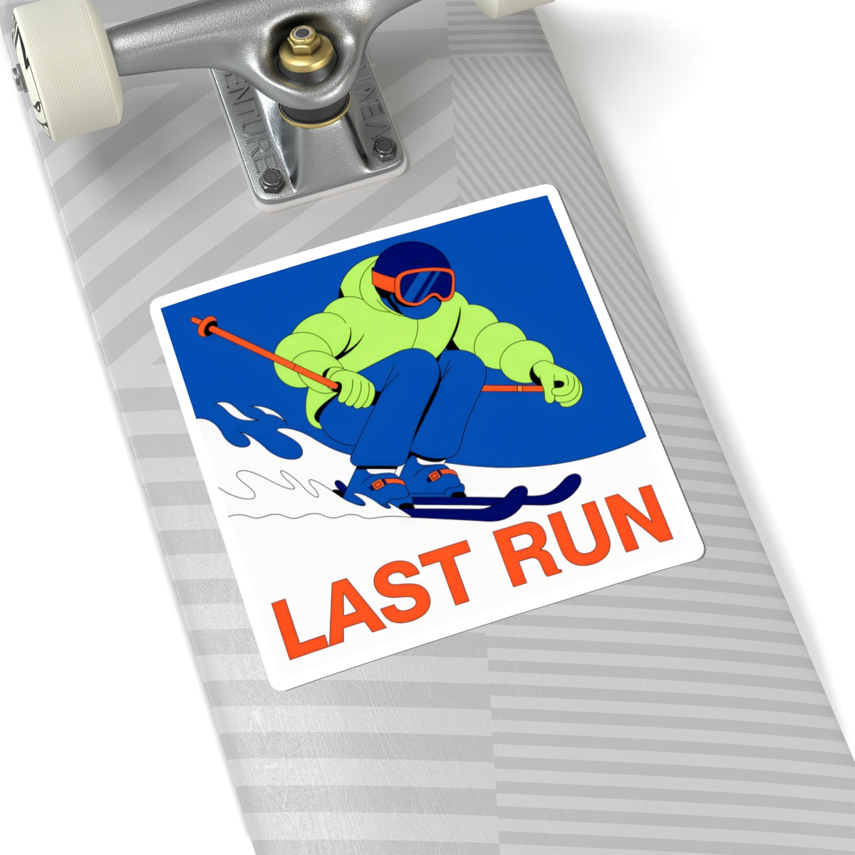 Kiss-Cut Sticker — 'LAST RUN' Skier Design (Winter Sports Laptop Decal)