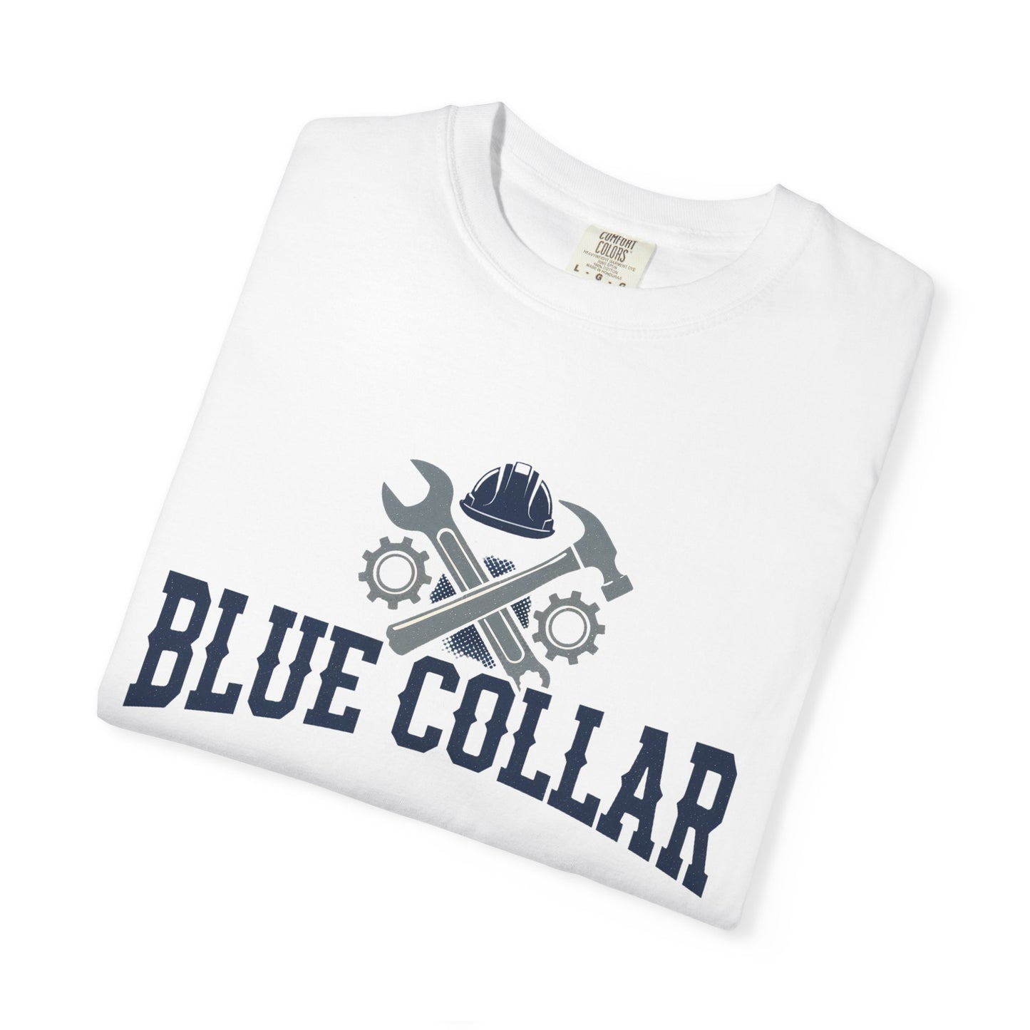 Blue Collar T-Shirt — Vintage Workwear Tee with Wrench & Helmet Graphic