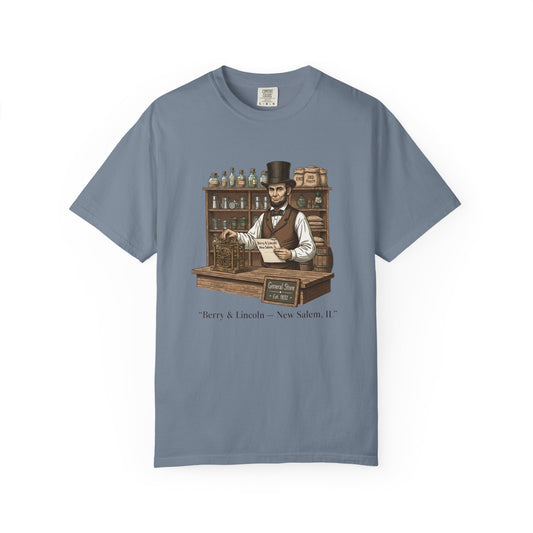 T-Shirt — Vintage General Store Owner Abe Lincoln Illustration (Berry & Lincoln, New Salem)