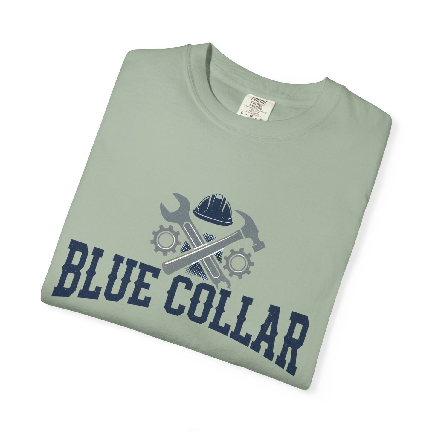 Blue Collar T-Shirt — Vintage Workwear Tee with Wrench & Helmet Graphic