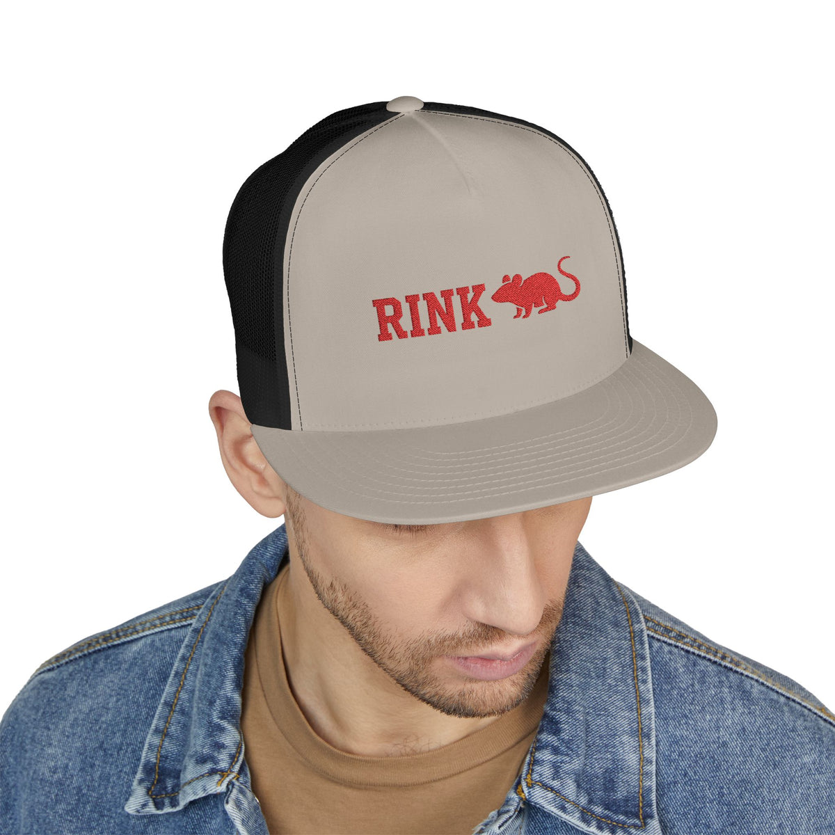 Rink Rat Hockey Tailgate Trucker Cap — Vintage Red Script with Mouse Logo