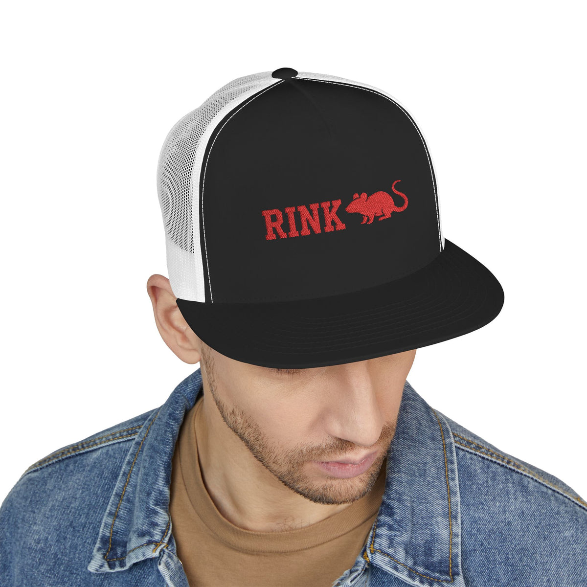 Rink Rat Hockey Tailgate Trucker Cap — Vintage Red Script with Mouse Logo
