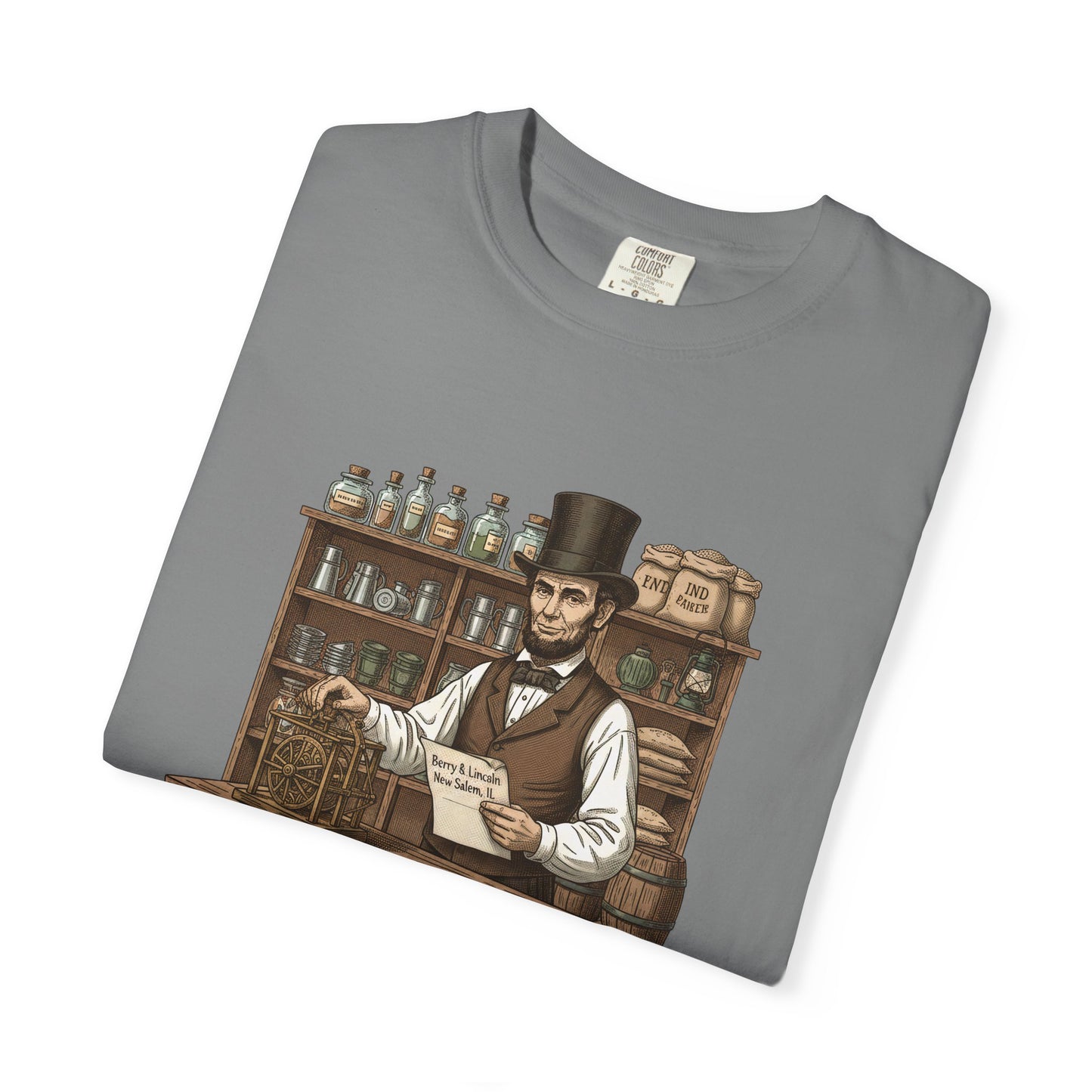 T-Shirt — Vintage General Store Owner Abe Lincoln Illustration (Berry & Lincoln, New Salem)