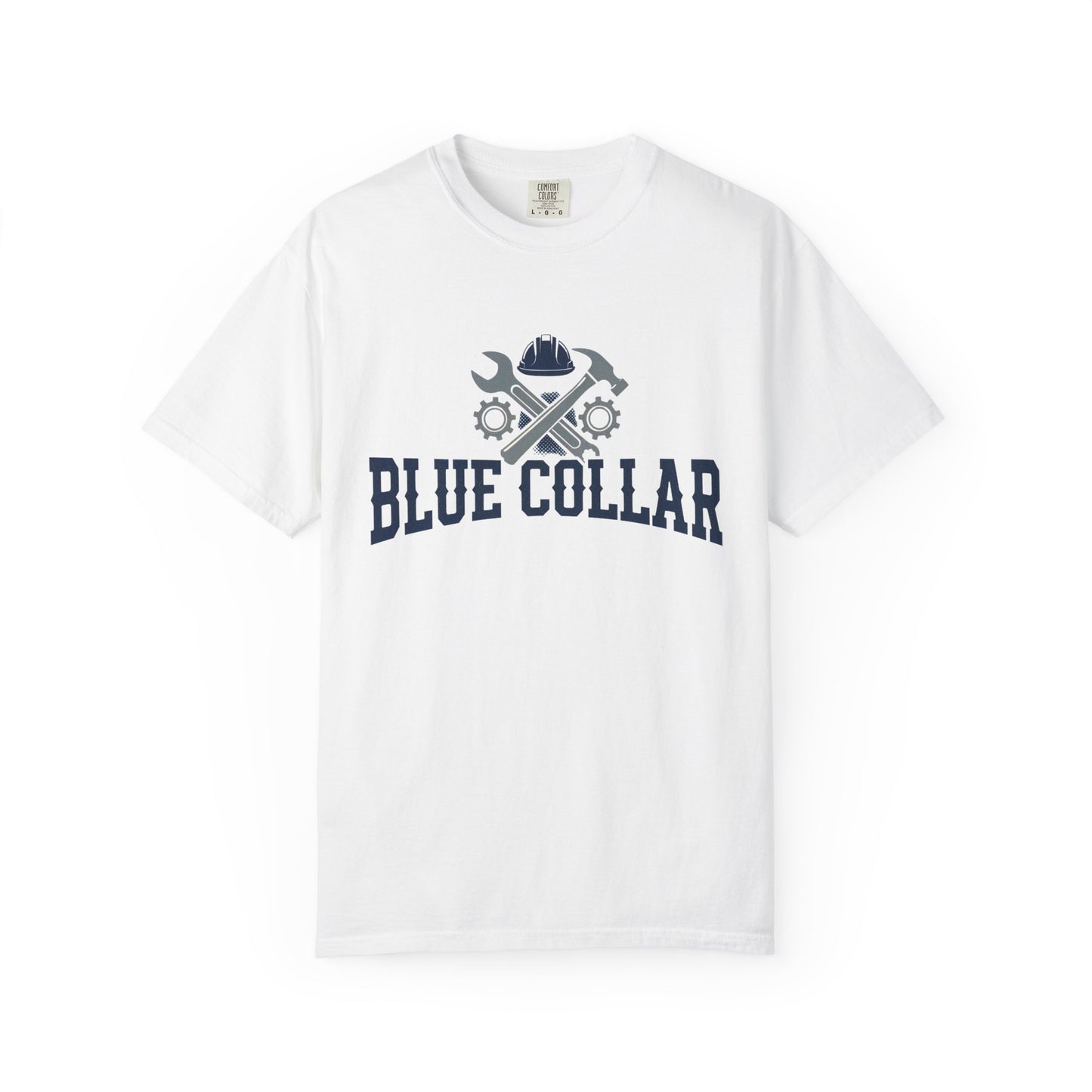 Blue Collar T-Shirt — Vintage Workwear Tee with Wrench & Helmet Graphic