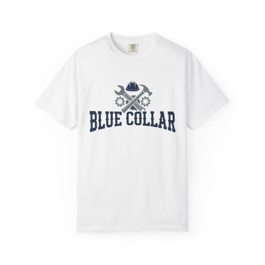 Blue Collar T-Shirt — Vintage Workwear Tee with Wrench & Helmet Graphic