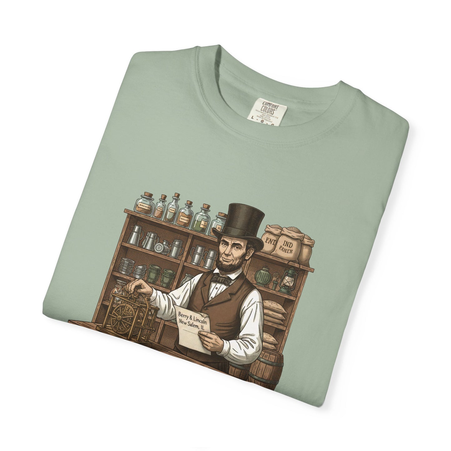 T-Shirt — Vintage General Store Owner Abe Lincoln Illustration (Berry & Lincoln, New Salem)