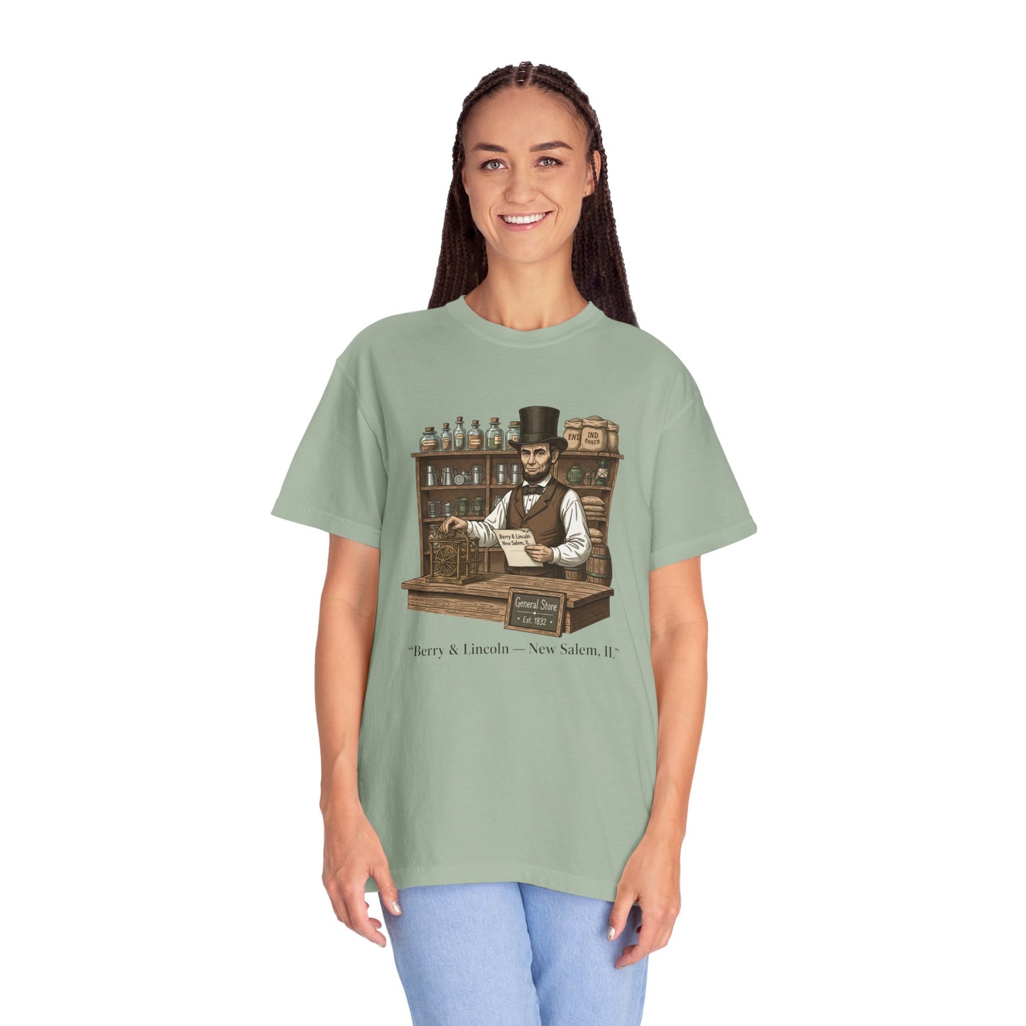 T-Shirt — Vintage General Store Owner Abe Lincoln Illustration (Berry & Lincoln, New Salem)