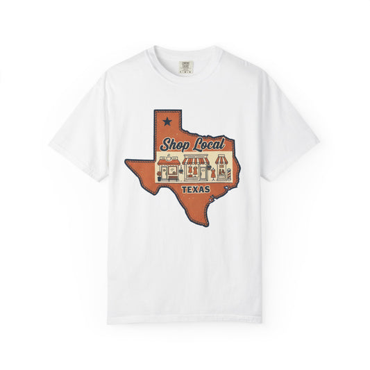Texas "Shop Local" T‑Shirt – State Outline Vintage Market Design
