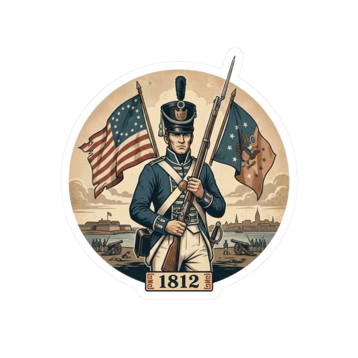 1812 War Soldier Sticker — Vintage American Flag Historical Kiss-Cut Decal