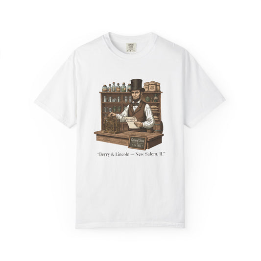 T-Shirt — Vintage General Store Owner Abe Lincoln Illustration (Berry & Lincoln, New Salem)
