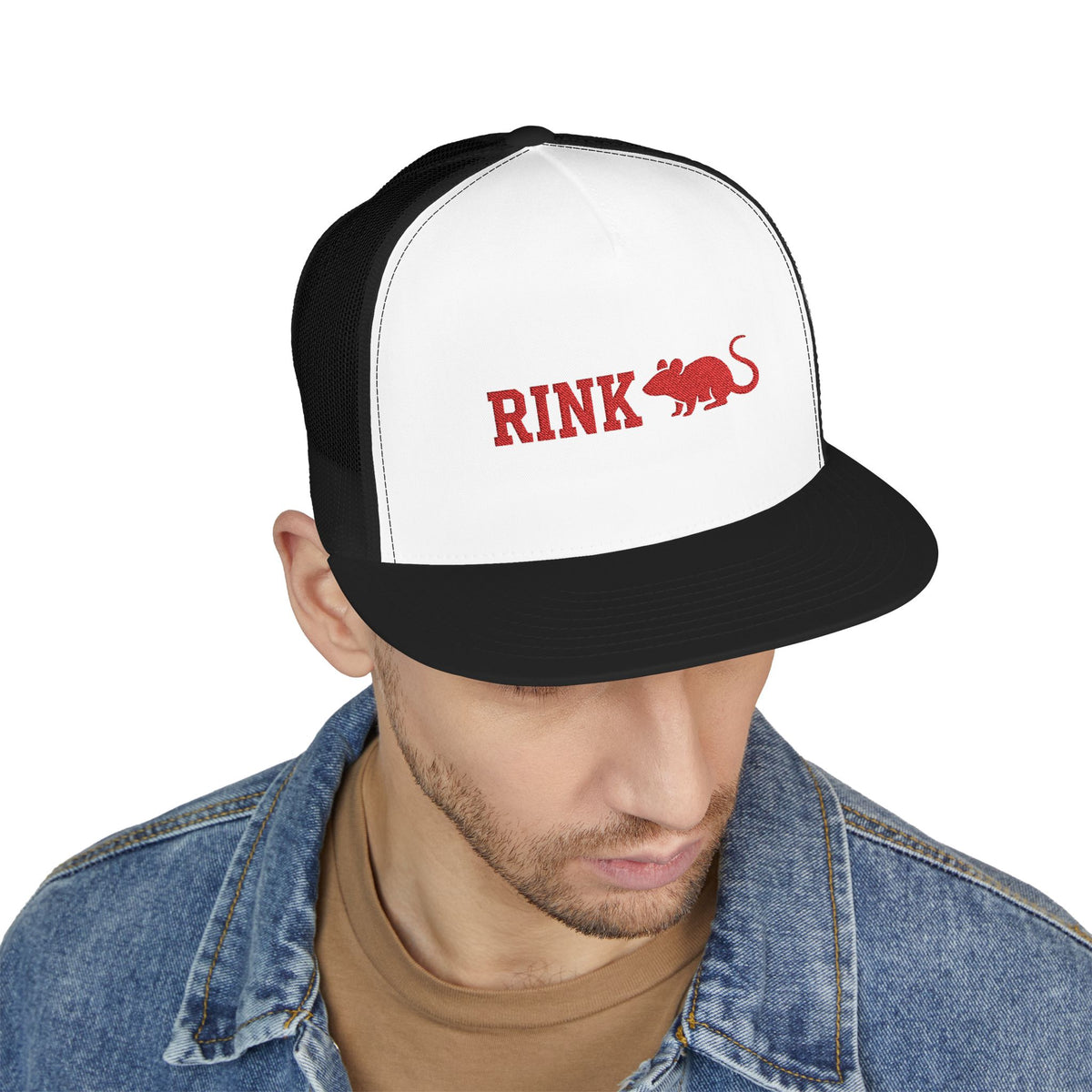 Rink Rat Hockey Tailgate Trucker Cap — Vintage Red Script with Mouse Logo