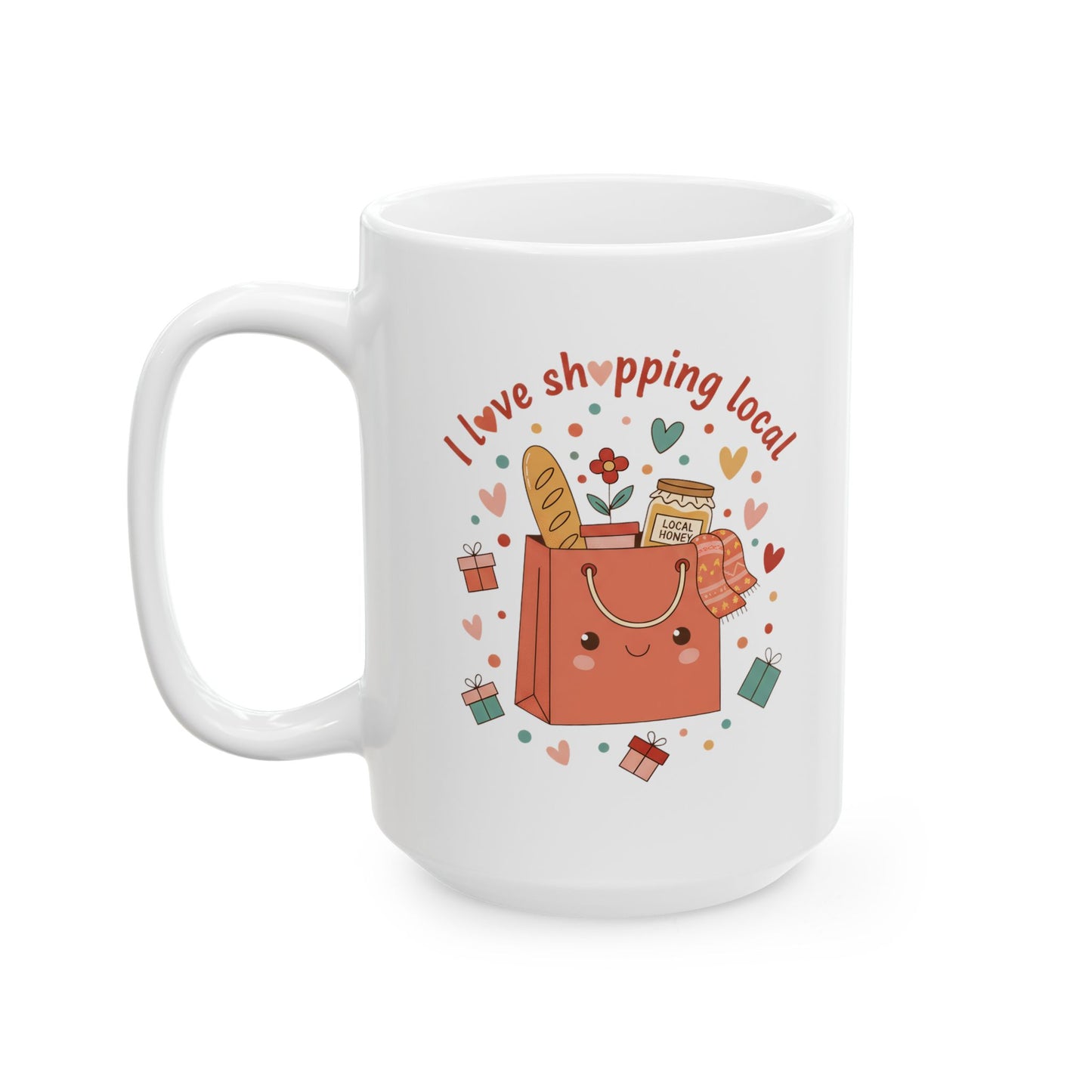 I Love Shopping Local Mug — Cute Market Tote Coffee Cup (11oz/15oz)