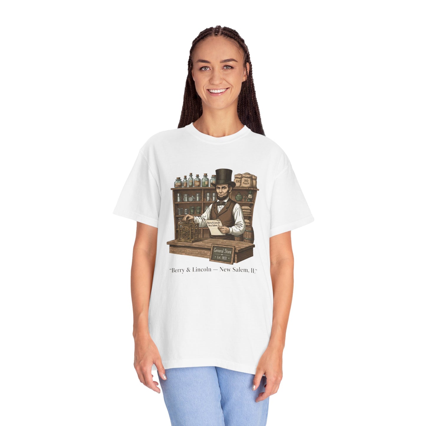 T-Shirt — Vintage General Store Owner Abe Lincoln Illustration (Berry & Lincoln, New Salem)