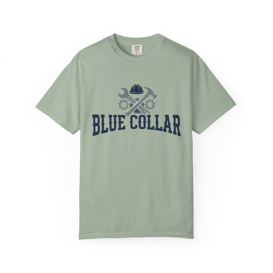 Blue Collar T-Shirt — Vintage Workwear Tee with Wrench & Helmet Graphic