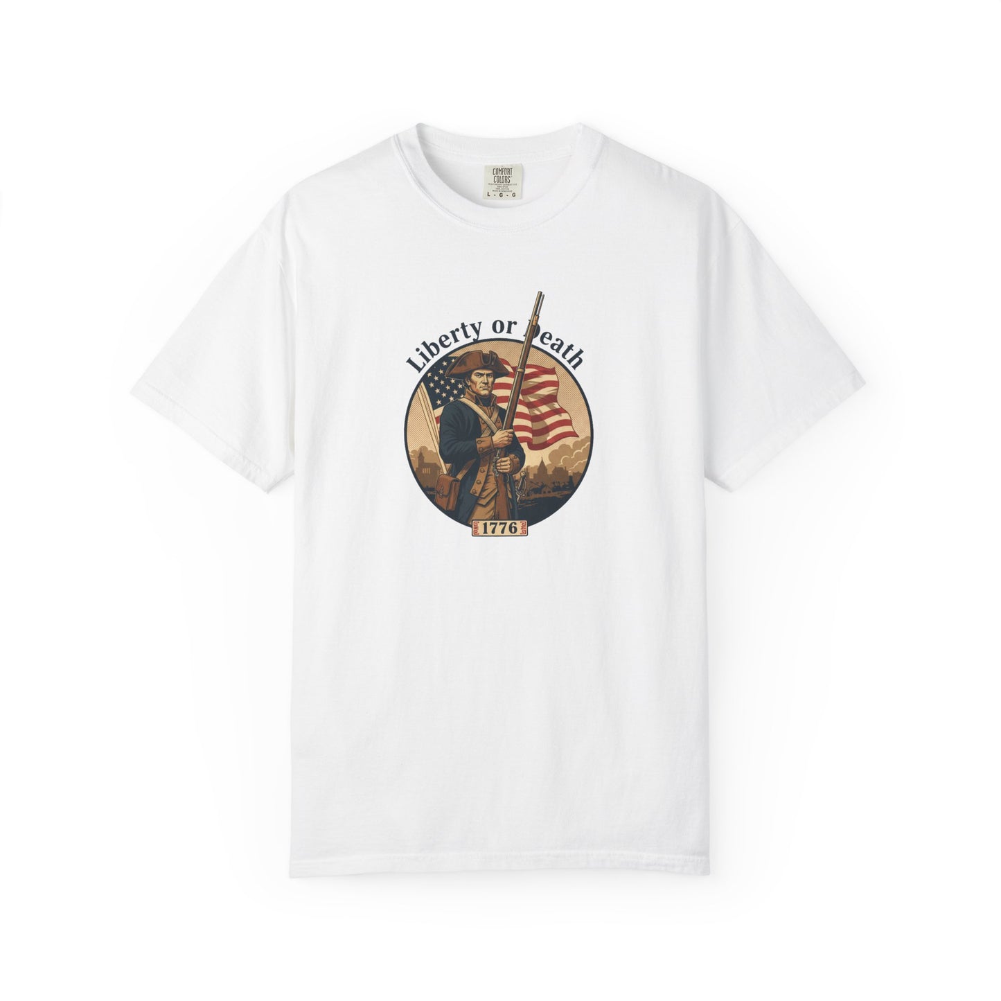 Liberty or Death T-Shirt — Revolutionary Soldier American Flag Graphic