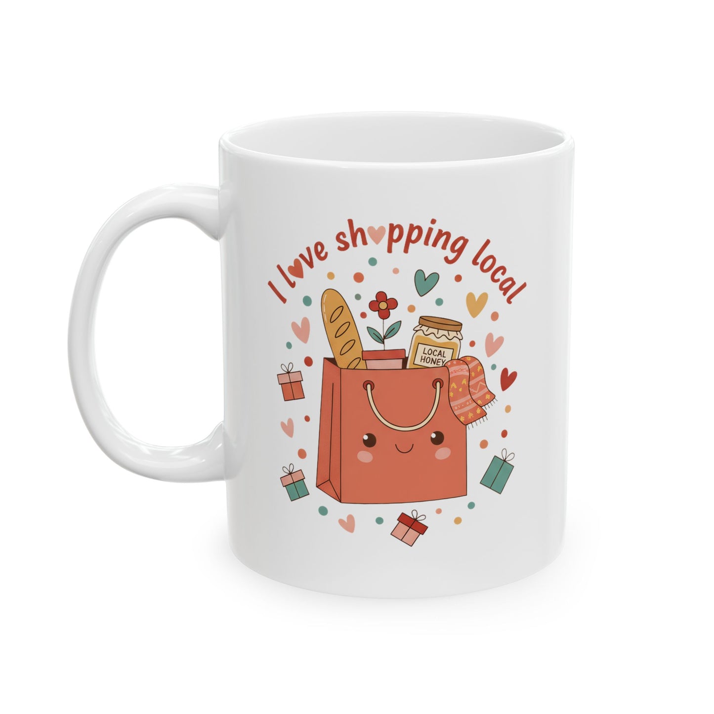 I Love Shopping Local Mug — Cute Market Tote Coffee Cup (11oz/15oz)