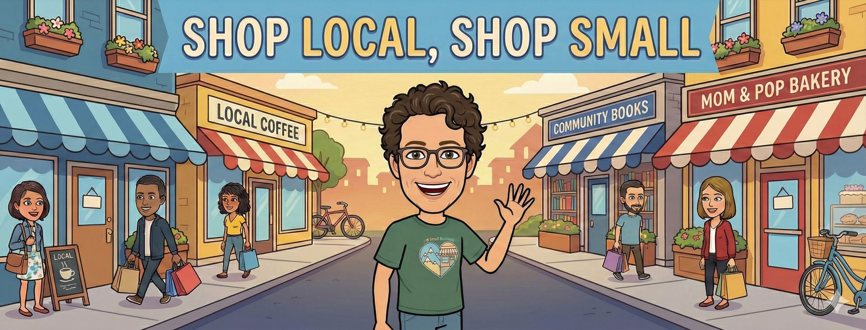 Shop Local, Shop Small Community Local business graphic of independently owned storefronts with a man with glasses and brown hair and a green shirt smiling and waving